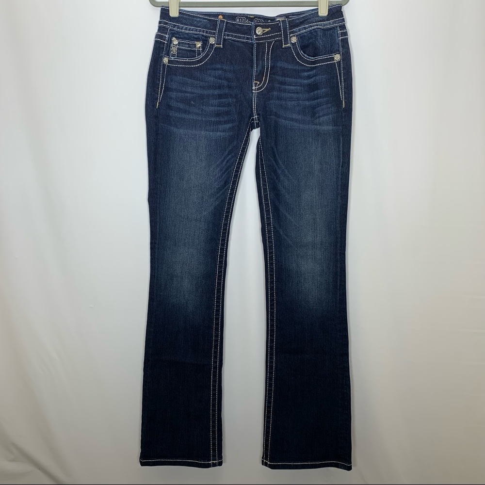 Miss Me Signature Stretch Boot Cut Mid Rise Dark Wash 30x34 Flap Pocket
